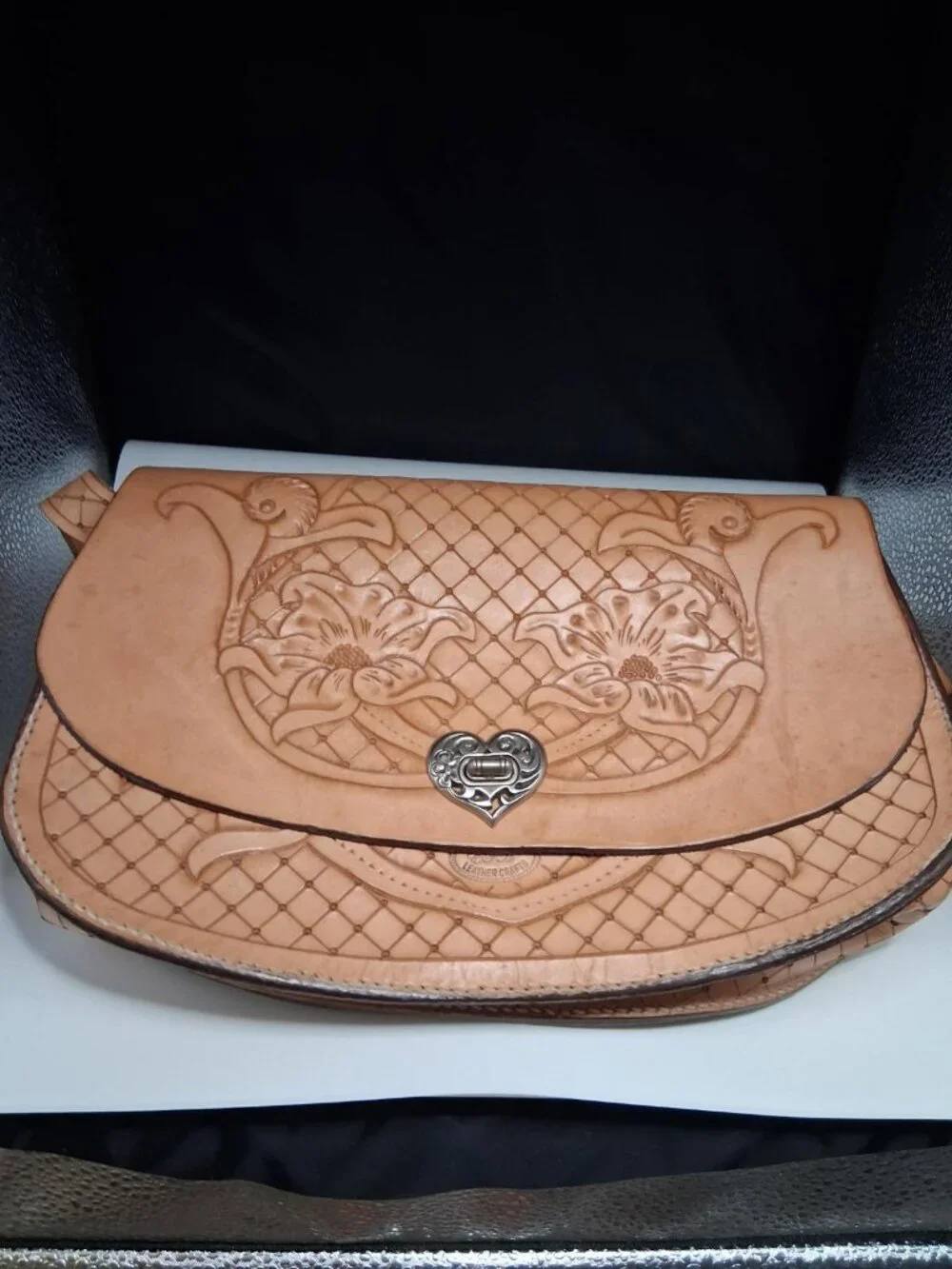 Vintage Tooled Leather Shoulder Bag Floral Design